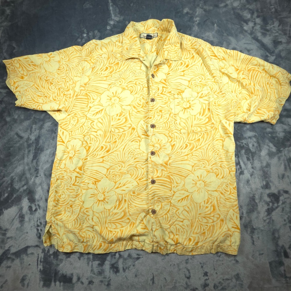 Tommy Bahama Mens Large 100% Silk Floral Hibiscus Camp Shirt Yellow Orange